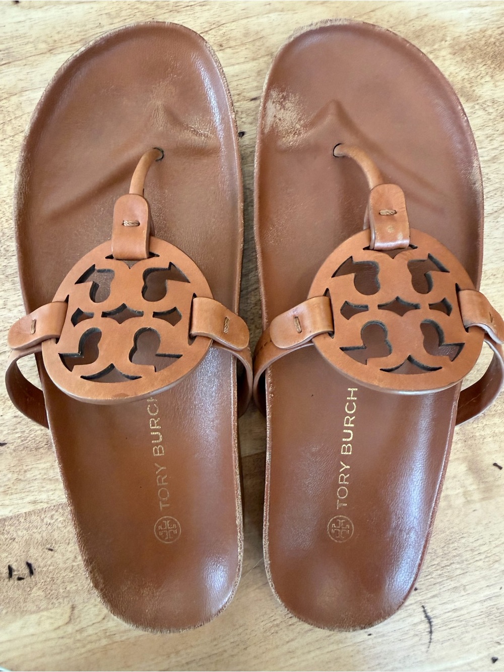 Tory Burch Brown Leather Logo Thong Sandals - Picture 2 of 5